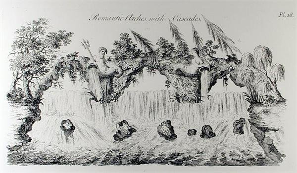 Romantyczne łuki z kaskadami, z „Architektury groteskowej lub wiejskiej rozrywki”, Williama Wrighta, opublikowane ok. 1767-90 (rycina) (zdjęcie czarno-białe) autorstwa English School