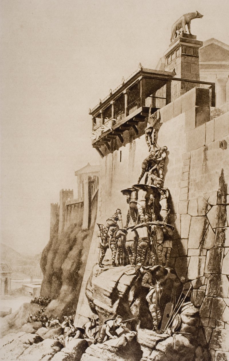 Rzym ocalony przez święte gęsi Junony, ilustracja z "Zarysu historii" H.G. Wellsa, tom I, opublikowanego w 1920 r. autorstwa English School