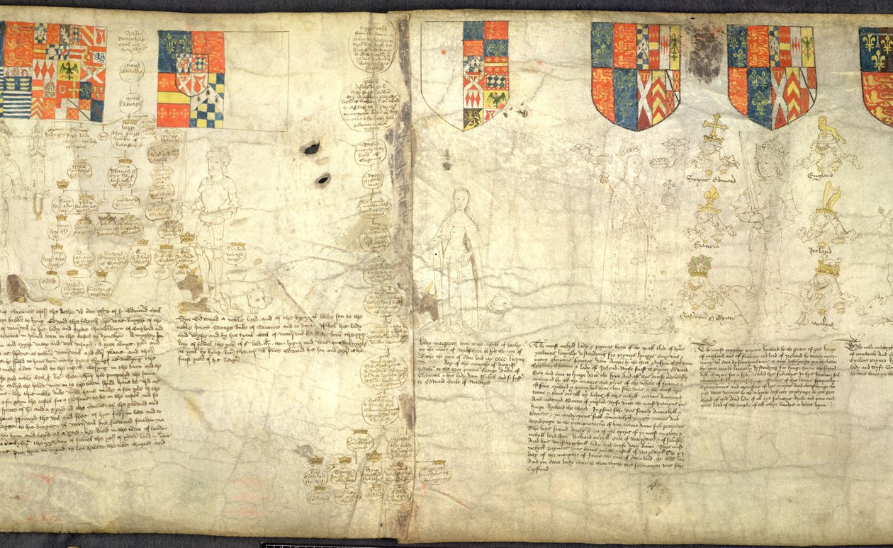 Rous Roll, fa. 7cr: Od lewej do prawej: Edward, hrabia Warwick (syn Jerzego, księcia Clarence); Margaret (córka George