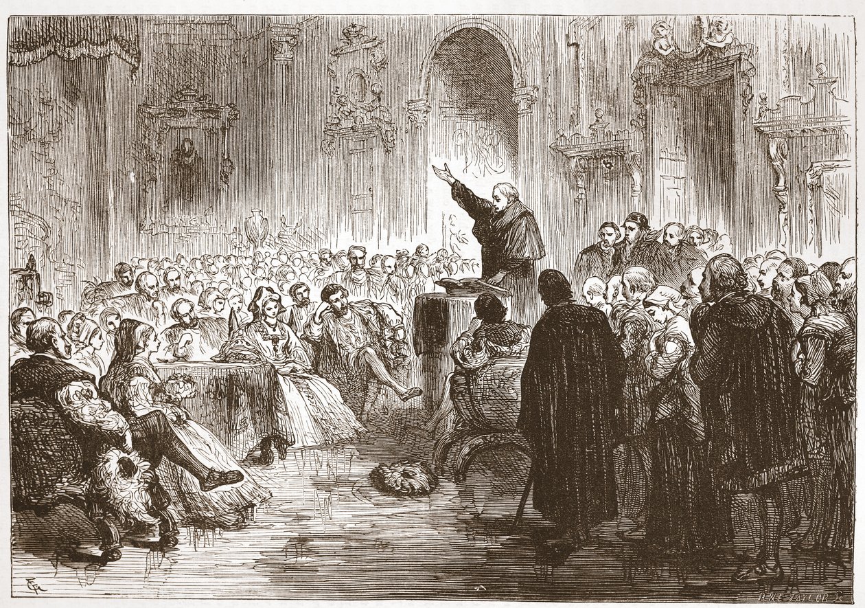 Przemówienie Roussela w Luwrze, ilustracja z Historii protestantyzmu Jamesa Aitkena Wylie (1808-1890), wyd. 1878 autorstwa English School