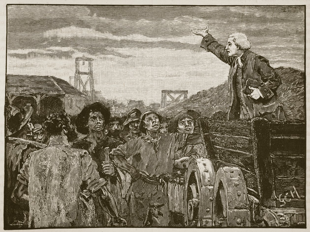 Rowland Hill przemawia do górników Kingswood, ilustracja z Cassells Illustrated History of England (zdjęcie w sepii) autorstwa English School