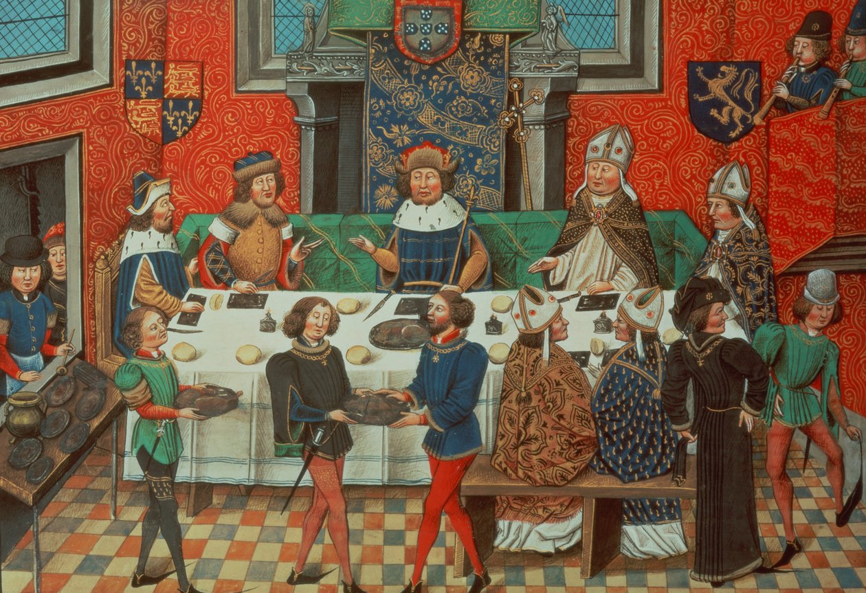 Roy 14 E IV f.244v Książę Lancaster jada z królem Portugalii, z tom. III „Od koronacji Ryszarda II do 1387”, Jean de Batard Wavrin autorstwa English School