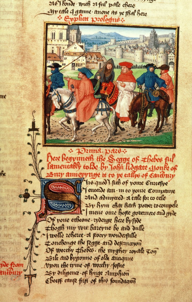Roy 18 D 11 f.148 Lydgate i Canterbury Pilgrims opuszczający Canterbury z „Księgi Troy i oblężenia Teb” Johna Lydgate (ok.1370-c.1451) 1412-22 (welum) autorstwa English School