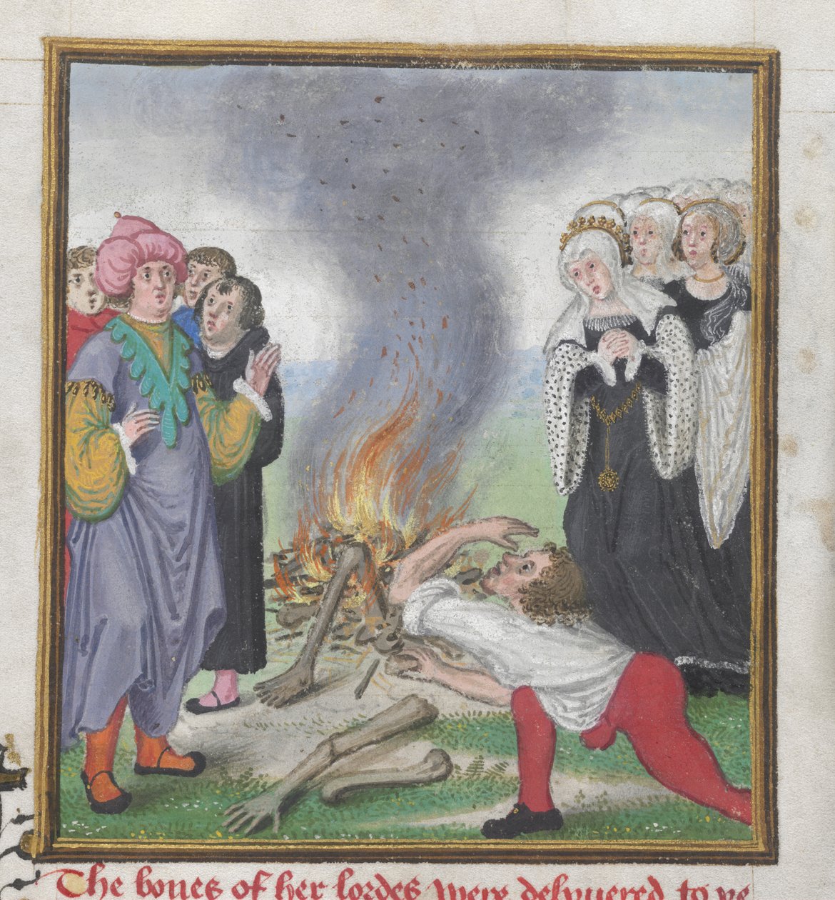 Roy 18 D II f.161 Tezeusz palący ciała Ateńczyków zabitych przez króla Kreona z Teb, z „Księgi trojańskiej i opowieści o Tebach” Johna Lydgate (ok.1370-c.1451) 1412-22 (wellum) autorstwa English School