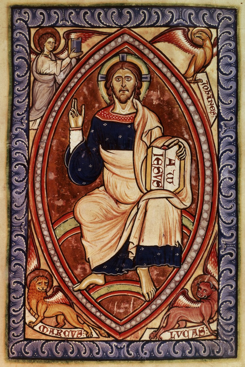 Roy 2 A XXII f.14 Chrystus w majestacie z symbolami ewangelistów, z Psałterza Westminsterskiego, ok. 1250 (welum) autorstwa English School