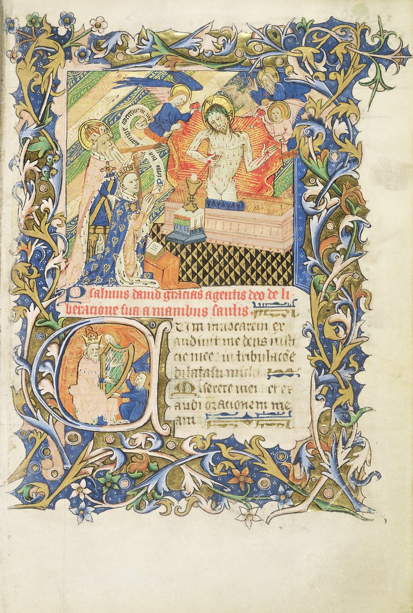 Roy 2 B I f.8 Postać w koronie podtrzymywana przez siwego brodatego świętego klęczącego przed wizerunkiem litości, z psałterza Humphrey księcia Gloucester, ok. 1420-30 (welum) autorstwa English School