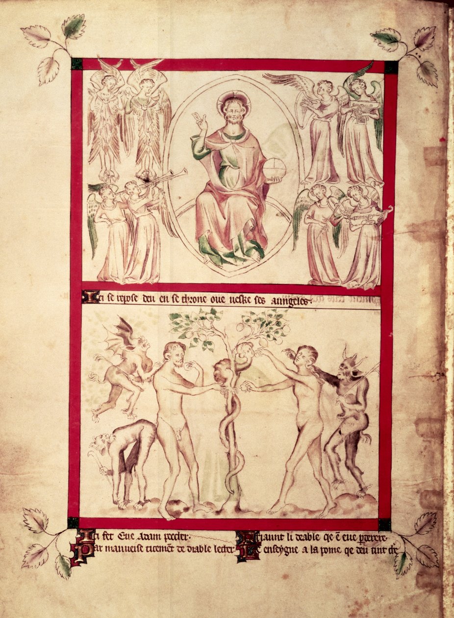 Roy 2 B VII f.3v Bóg w mandorli w otoczeniu muzykujących aniołów, Kuszenie Ewy, z psałterza królowej Marii, c.1310-20 (welum) autorstwa English School