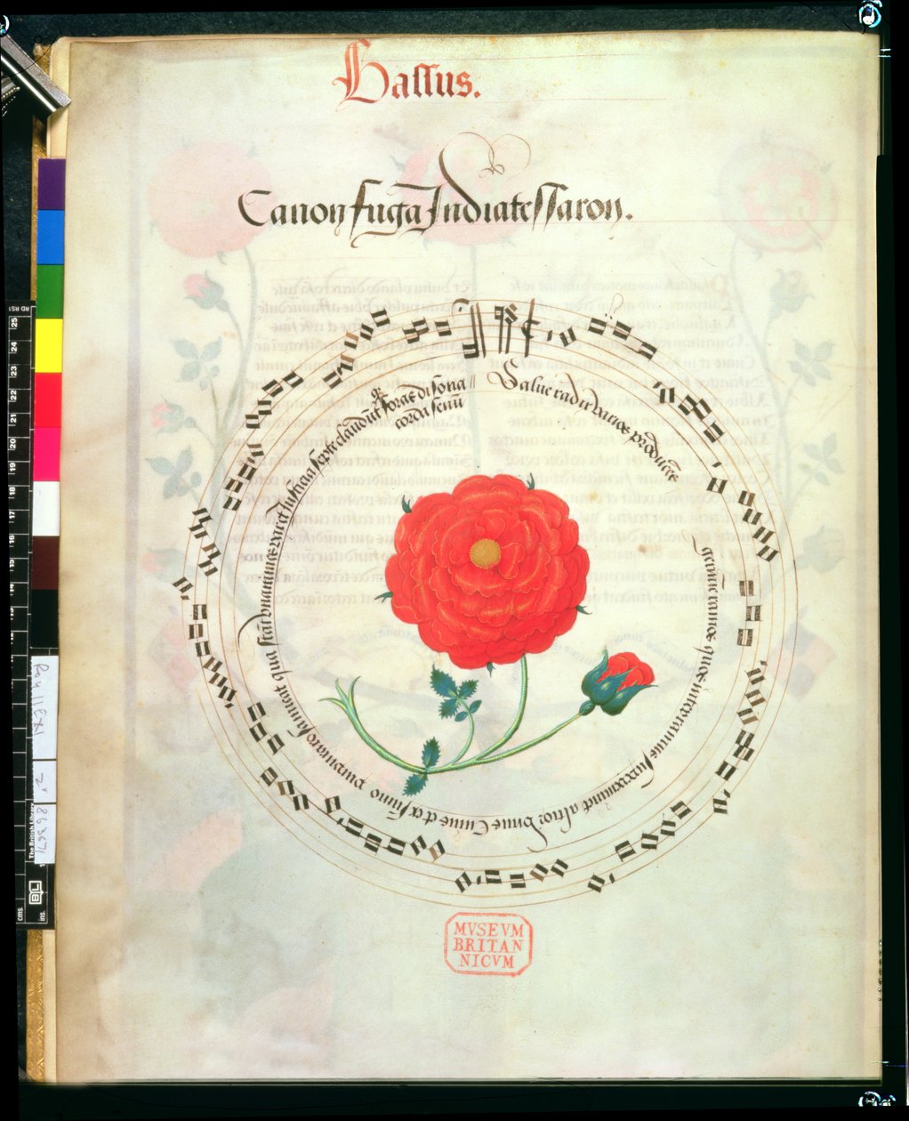Roy II E XI f.2v Canon, z okrągłymi klepkami i różą pośrodku, z Motetów Richarda Sampsona (wellum) autorstwa English School