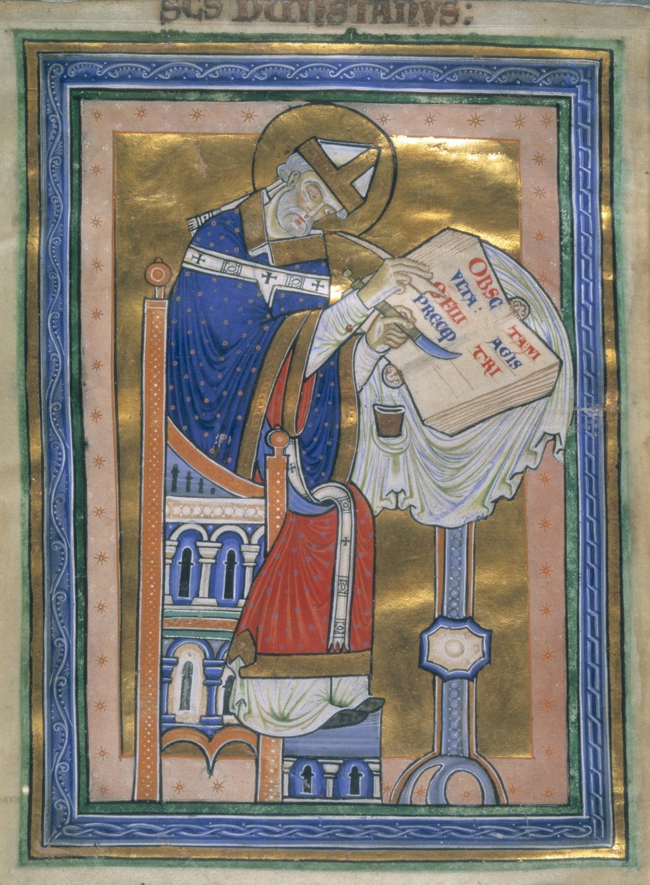 Royal 10 A. XIII, f.2v Dunstan pisze regułę benedyktyńską, ilustracja z „Komentarza do reguły św. Benedykta”, ok. 1170 (tusz, kolor i złoto na papierze) autorstwa English School