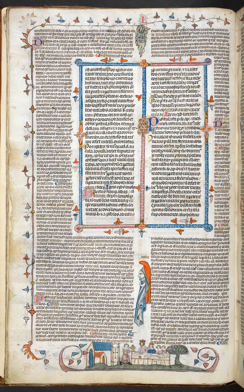 Royal 10 E. IV, f.250v Tekst z dekoracją na marginesie i Jadalnią Króla, ilustracja z „Smithfield Decretals” (welin) autorstwa English School