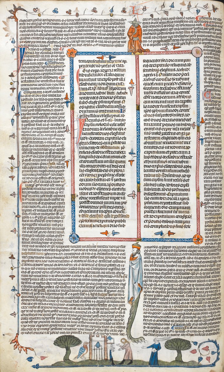 Royal 10 E. IV, f.30v, Tekst i scena bas-de-page przedstawiająca mężczyznę i kobietę na zewnątrz budynku, z 