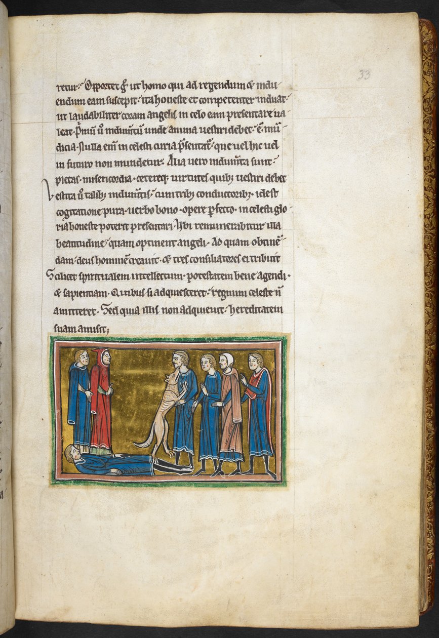 Królewski 12 F.XIII, f.33 Pies identyfikujący mordercę.  , z Bestiariusza (ff. 3-141), Lapidary (ff. 141v-149)  , 2 ćw. XIII w. (welum) autorstwa English School