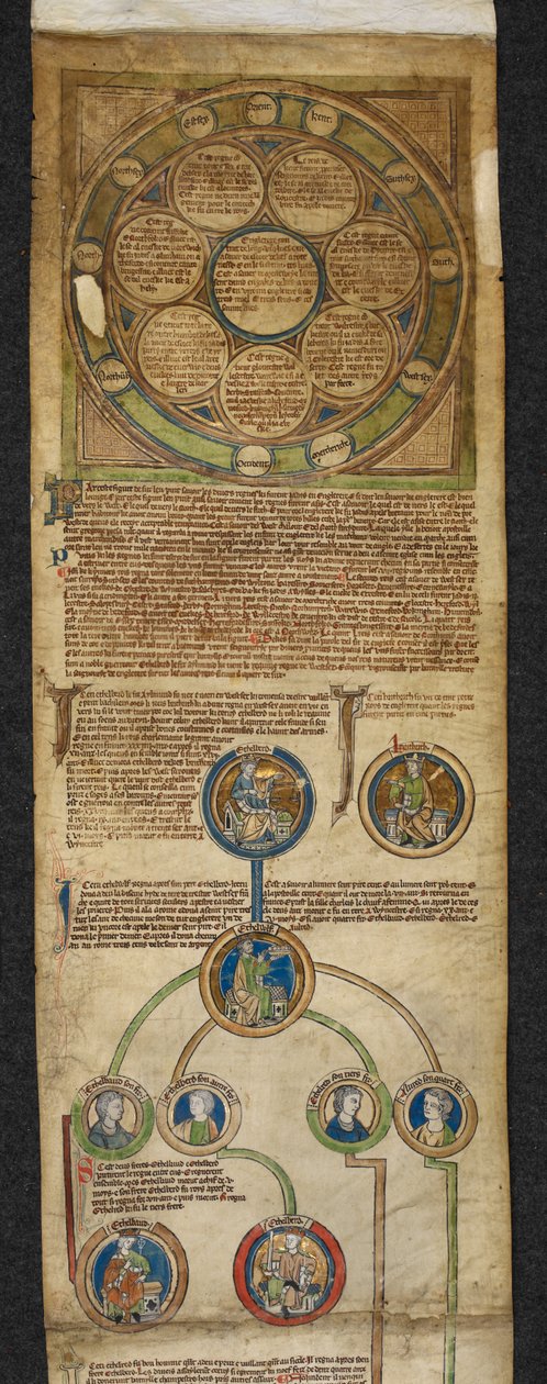 Royal 14 B. VI, Membrane 1, The Heptarchy and the Royal Genealogy, od Egberta do Alfreda, ilustracja z „Zwoju genealogicznego królów Anglii”, ok. 1300-40 (welum) autorstwa English School