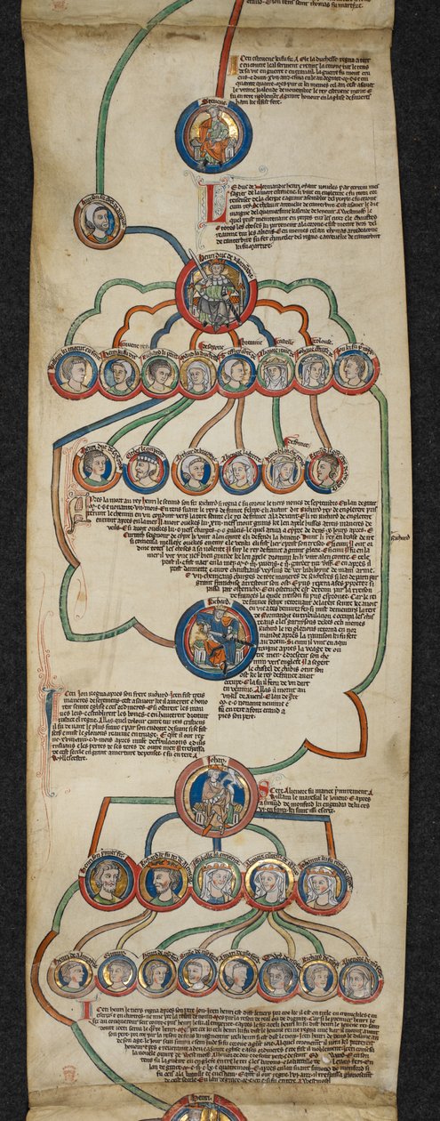 Royal 14 B. VI, Membrane 6, The Royal Genealogy od Stevena do Johna, ilustracja z „Zwoju genealogicznego królów Anglii”, ok. 1300-40 (welum) autorstwa English School