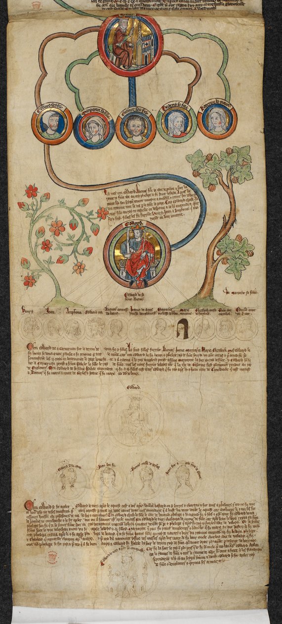 Royal 14 B. VI, membrana 7 Genealogia królewska od Henryka III do Edwarda I z przedłużeniem w innej ręce od Edwarda II do Edwarda III, z „Zwoju genealogicznego królów Anglii”, ok. 1300-1340 (atrament , kolor i złoto na pergaminie) autorstwa English School