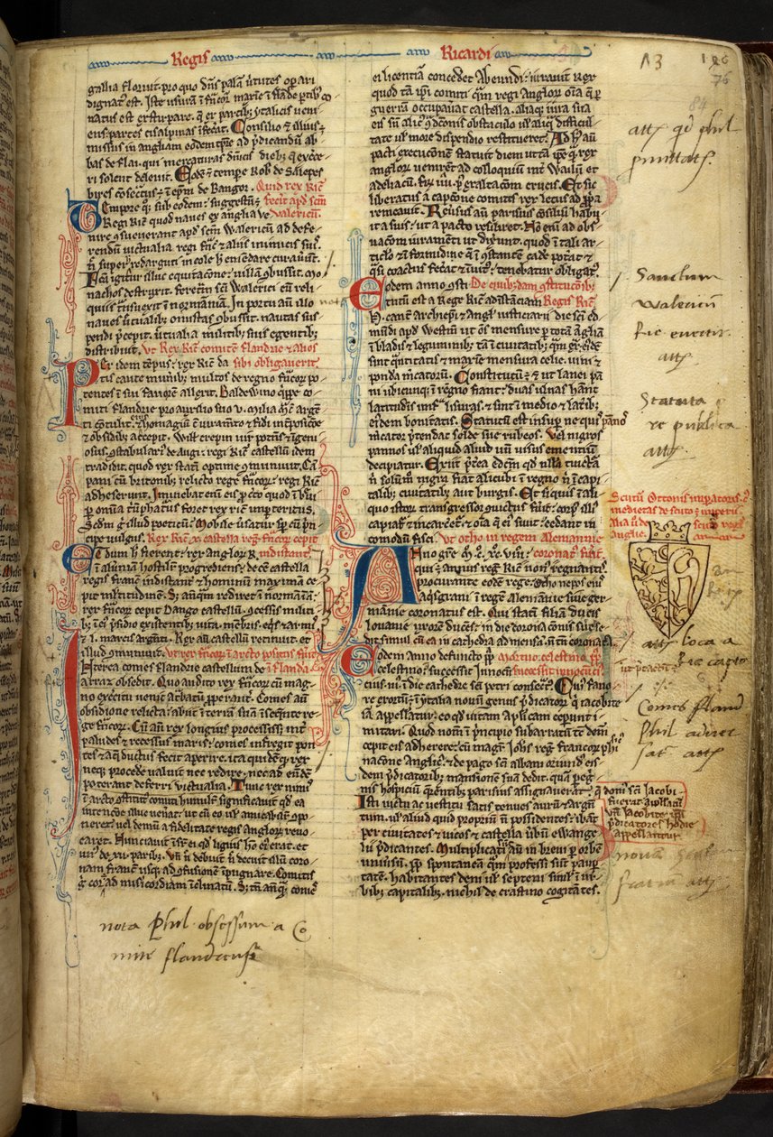 Royal 14 C.VII ff.86v Dekoracja graniczna z herbem Ryszarda Lwie Serce, ilustracja z 