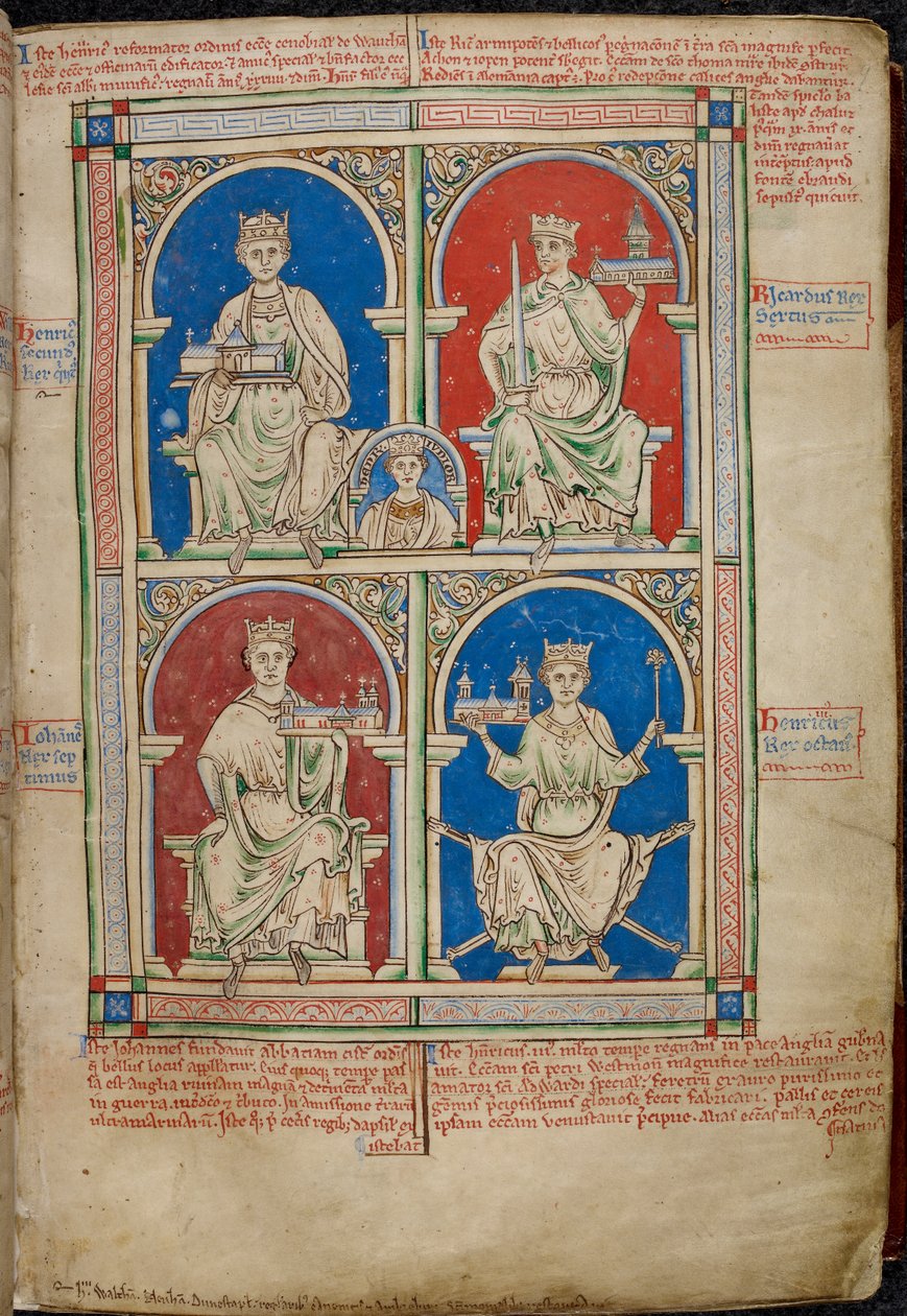 Royal 14 C. VII, f.9 Czterech królów Anglii: Henryk II, Ryszard I, Jan i Henryk III z Opactwem Westminsterskim, z „Historia Anglorum” autorstwa English School