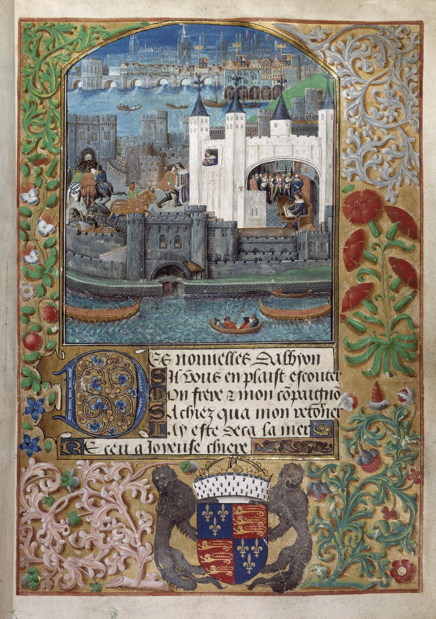 Royal 16 F. II, f.73 The Tower of London, z tyłu London Bridge. Karol, książę Orleanu, widziany piszący, stojący przy oknie i wysyłający list na dziedzińcu autorstwa English School