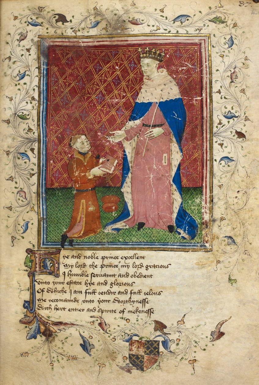 Royal 17 D. VI, f.40 Scena prezentacji przedstawiająca Thomasa Hoccleve’a w akcie ofiarowania swojej książki Henrykowi V (welin) autorstwa English School