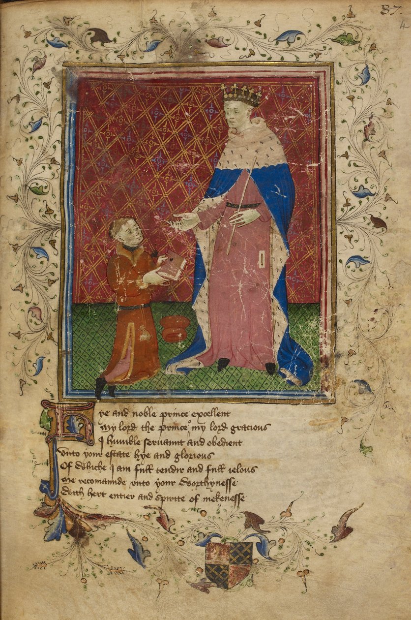 Royal 17 D. VI, f.40 Thomas Hoccleve klęczący w akcie ofiarowania swojej książki królowi Henrykowi V, ilustracja z „The Regement of Princes” Thomasa Hoccleve (welum) autorstwa English School