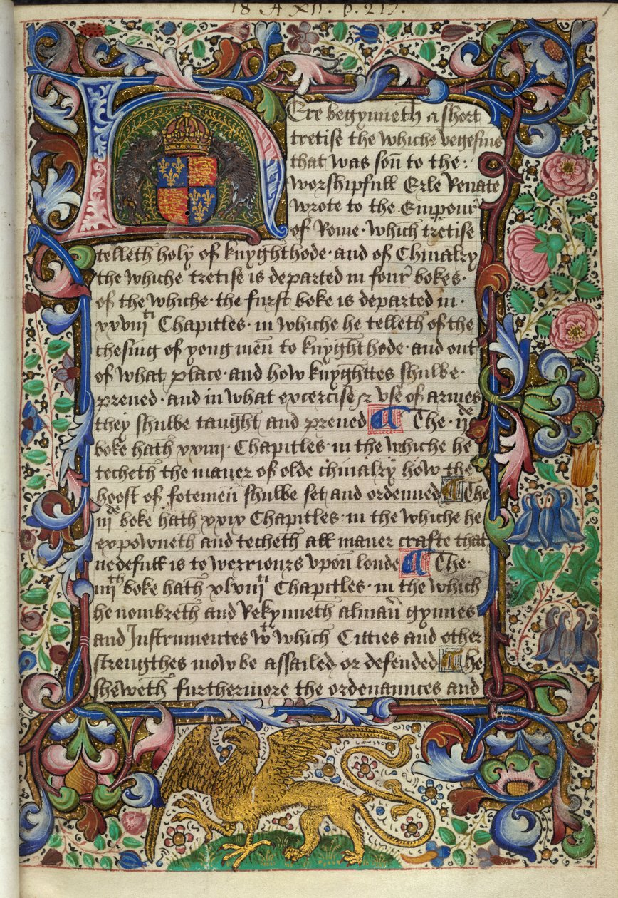 Royal 18 A. XII fol.1 Iluminowany inicjał „H” z herbem Ryszarda III, flankowany przez dwa dziki, z „De re militari” autorstwa English School