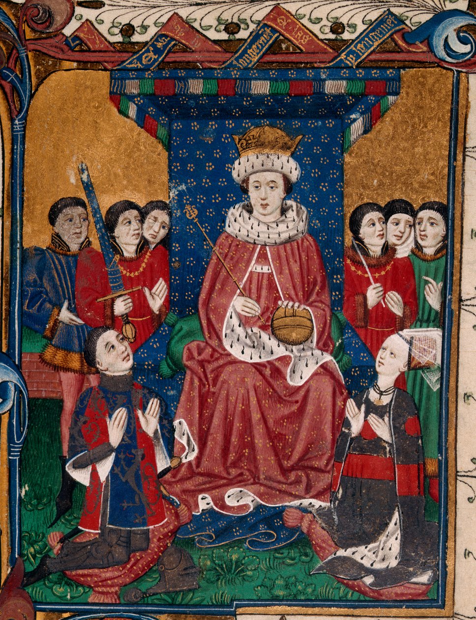 Royal 18 D. II fol.6, król Edward IV w otoczeniu dworzan z klęczącymi przed nim Sir William Herbert i jego żoną Anne Devereux w strojach ozdobionych ich herbami (książka 1) autorstwa English School