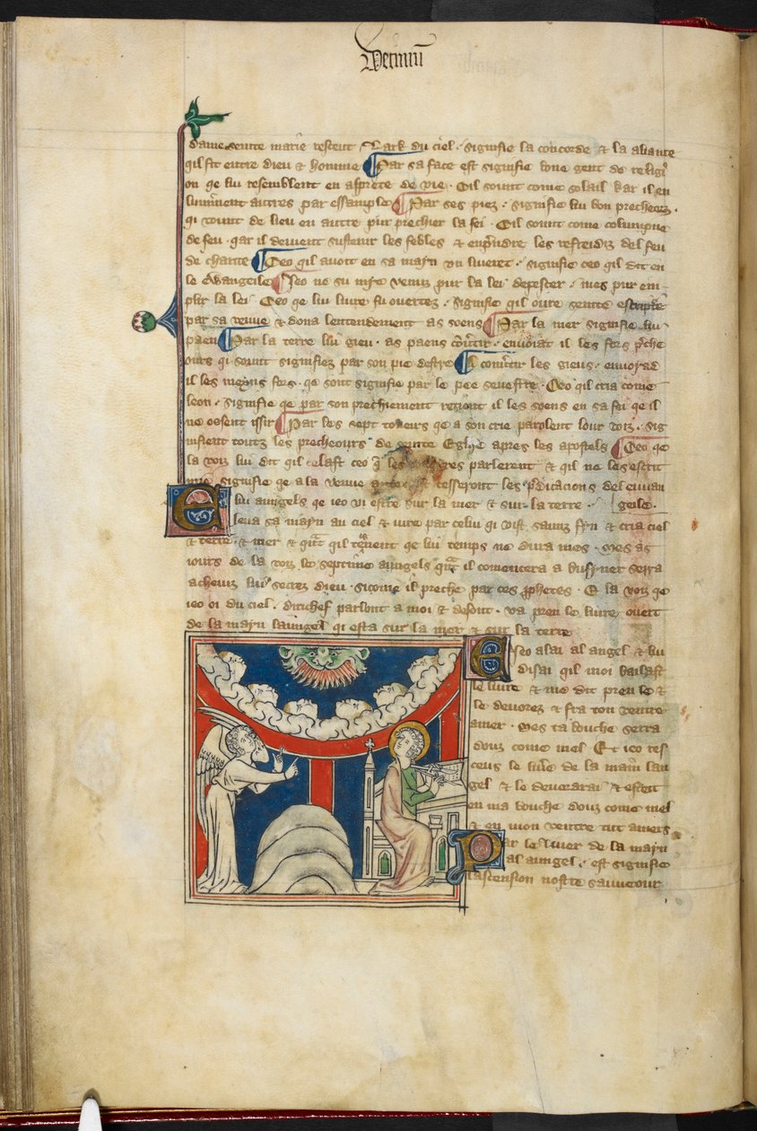 Royal 19 B.XV, f.17v Paszcza lwa, a na odwróconym łuku obłoku sześć głów przedstawiających siedem gromów: poniżej, po lewej stronie, anioł, a po prawej Jan, który zamierza pisać w księdze, od 