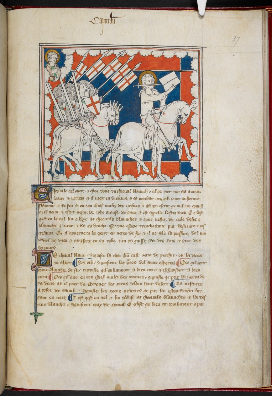 Royal 19 B.XV, f.37 Jeździec na białym koniu i jego zwolennicy; Jan powyżej, po lewej, z „Apokalipsy Królowej Marii” (tusz, kolor i złoto na welinie) autorstwa English School