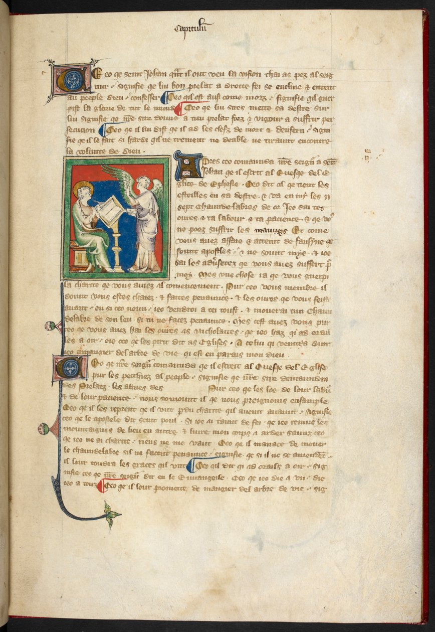 Royal 19 B.XV, f.3 John siedzący, pisanie; za jego biurkiem stoi anioł, z „Apokalipsy królowej Marii”, Szkoła angielska (XIV w.) autorstwa English School