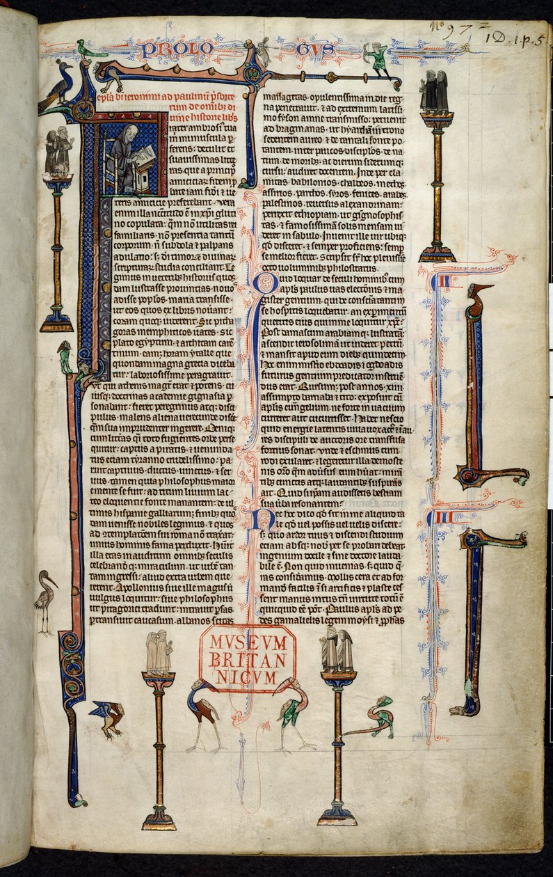Royal 1 DI, f.1r, Hieronim, bracia na kolumnach, z Biblii Wilhelma z Devon (welin) autorstwa English School