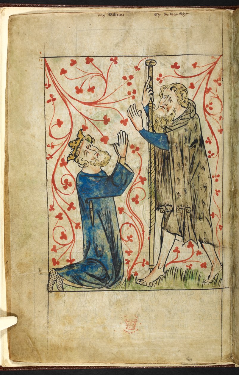 Royal 20 A.II, f.4v Athelstan z Guyem z Warwick, z „Kroniki Anglii” Petera de Langtoft (wellum) autorstwa English School