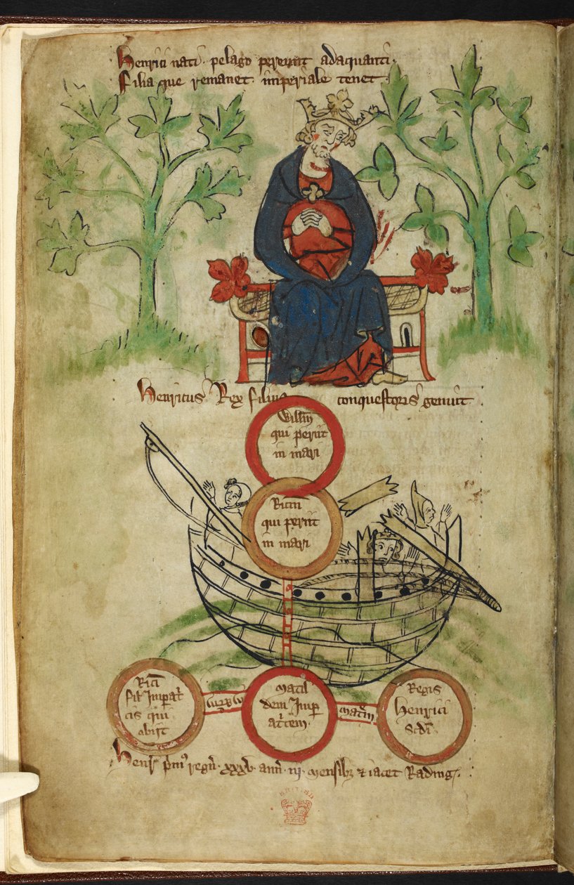 Royal 20 A. II, f.6v Król Henryk I na tronie, żałoba, ilustracja z „Kroniki Anglii” Petera de Langtoft, c.1307-27 (welum) autorstwa English School