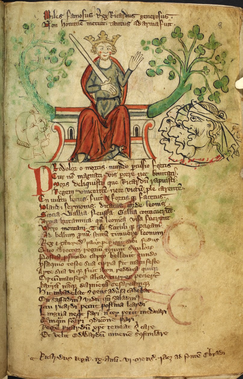Royal 20 A. II f.8 Król Ryszard I z mieczem na tronie, ilustracja z „Kroniki Anglii”, autorstwa Petera de Langtoft (wellum) autorstwa English School