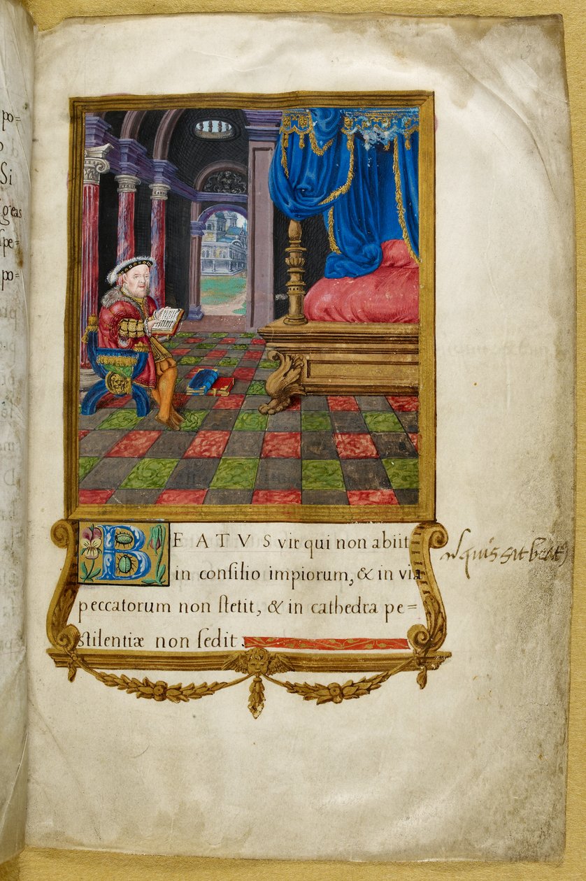 Royal 2 A. XVI, f.3 Król Henryk VIII siedzący, czytający w swojej sypialni, ilustracja z „Psałterza Henryka VIII”, Jeana Mallarda autorstwa English School