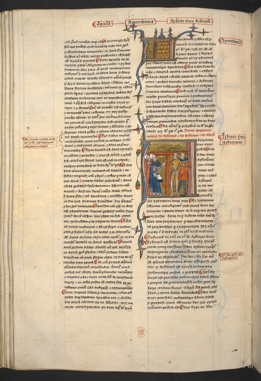 Royal 6 E VI, f.128v Arbiter, Arbitrium (sędzia, decyzja), z „Omne Bonum” autorstwa English School