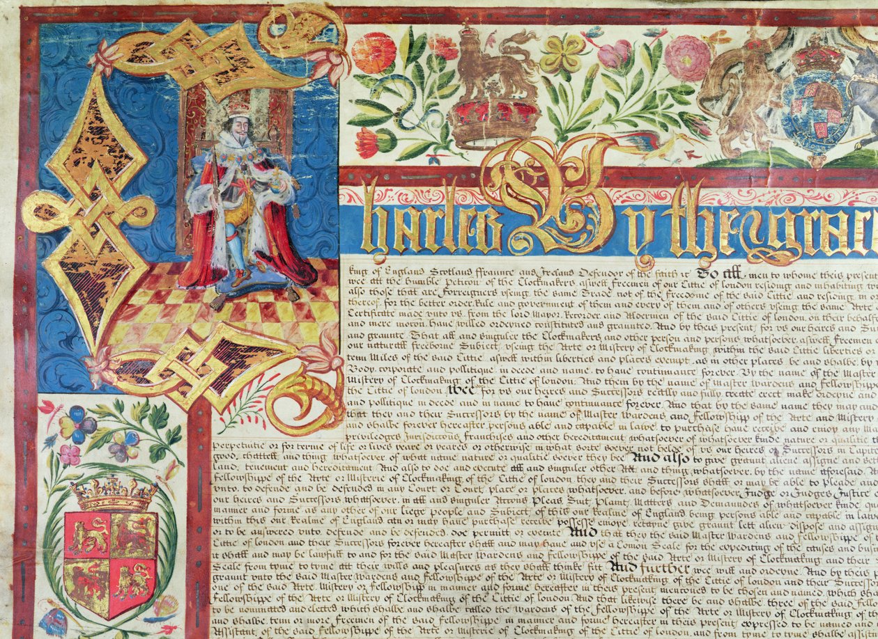 Królewski statut Towarzystwa Sukienników za panowania Karola II (1630-85) (szczegół) autorstwa English School