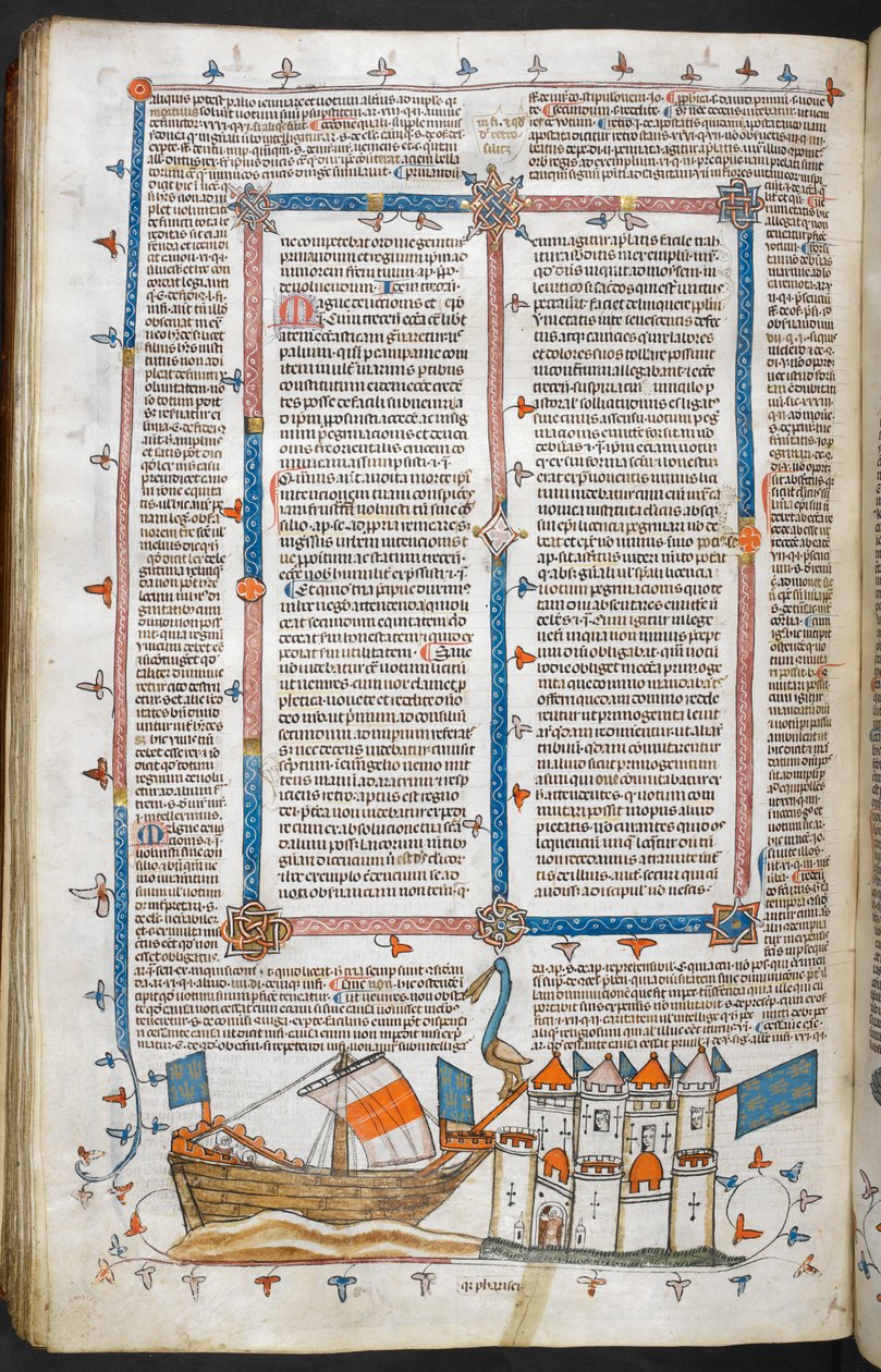 Royal MS 10 IV f.208v Atak marynarki wojennej i dekoracja marginalna, ilustracja z „The Smithfield Decretals” (welin) autorstwa English School