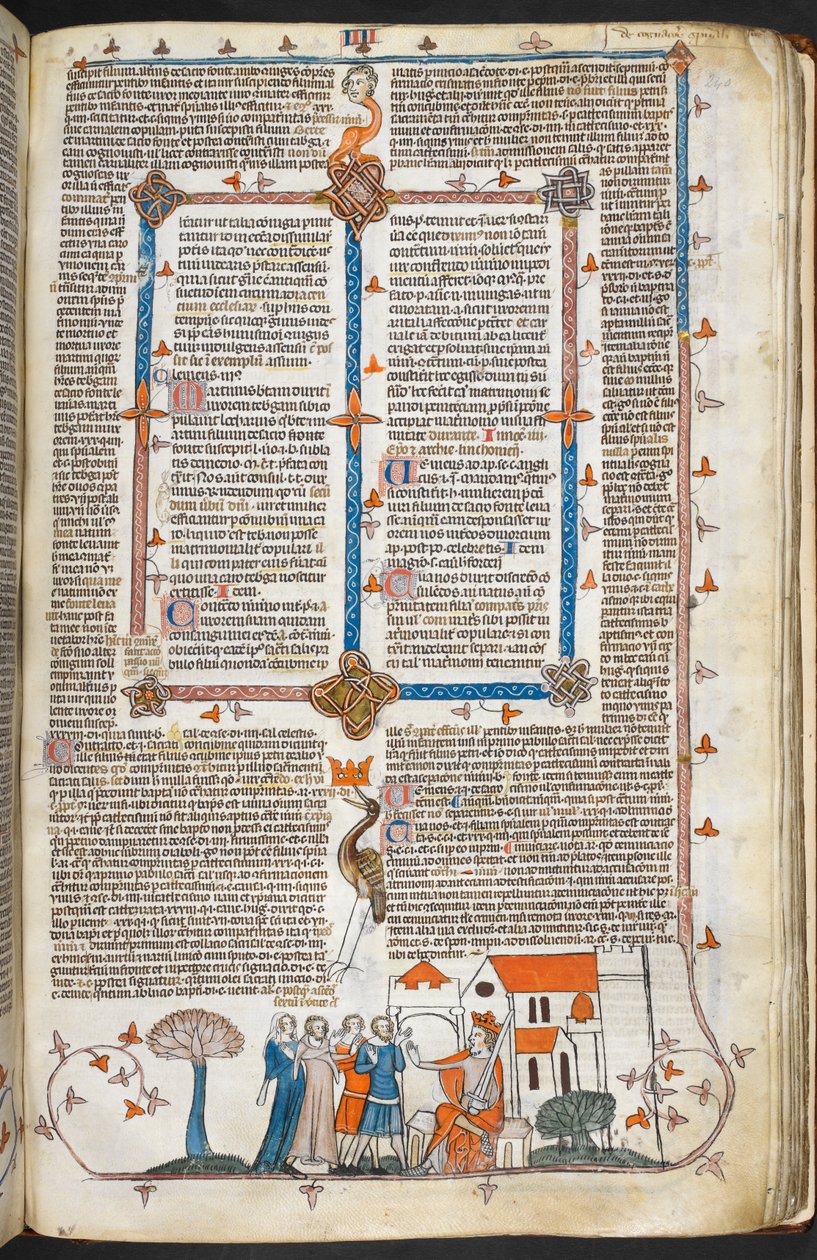 Royal MS 10 IV f.240r Król broniący swego pałacu i dekoracja marginalna, ilustracja z „Dekretów Smithfielda” (welin) autorstwa English School