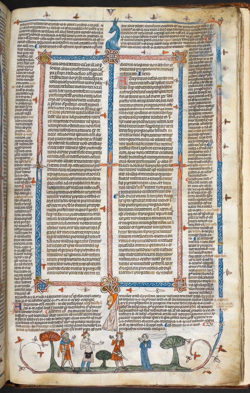 Royal MS 10 IV f.294r Figury średniowieczne i dekoracja brzeżna, ilustracja z „Dekretów Smithfielda” (welin) autorstwa English School