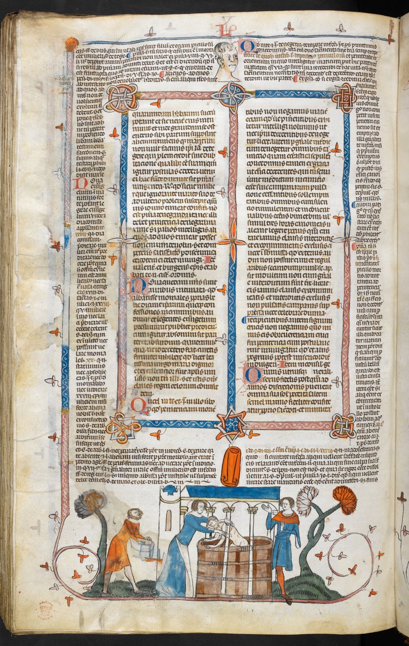 Royal MS 10 IV f.297v Kąpiel ofiary dżumy i dekoracja marginalna, ilustracja z „The Smithfield Decretals” (welin) autorstwa English School