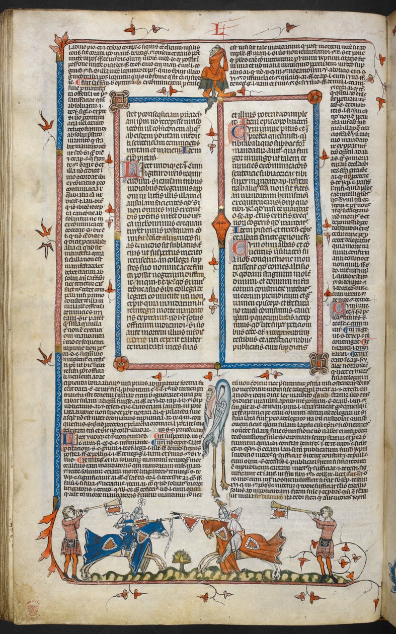Royal MS 10 iv f.065v Knights Potyczki z dekoracją na marginesie, ilustracja z „Smithfield Decretals” (welin) autorstwa English School