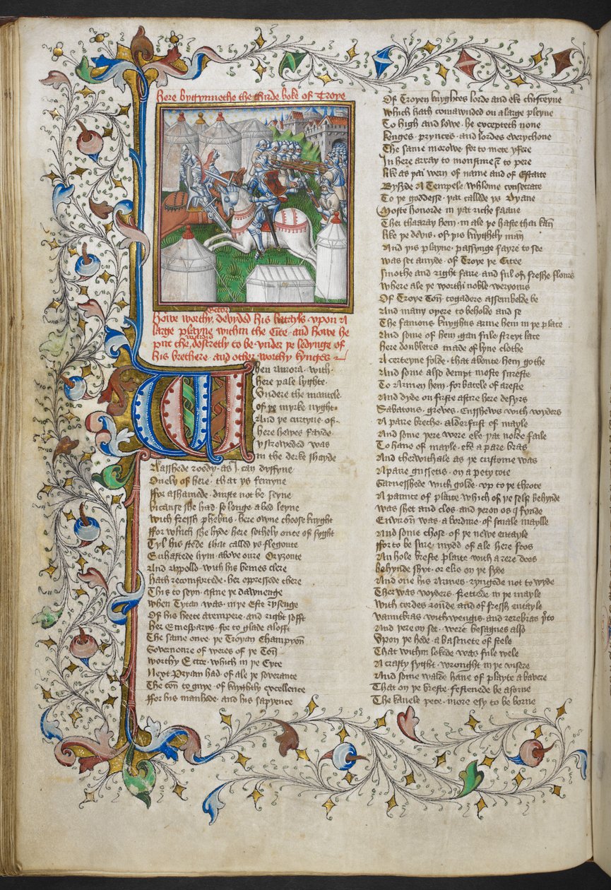 Royal MS 18 D II, f.66v, Miniature of Hector zabijający Patroclusa, z podświetlanym inicjałem „W” (kura) i częściową ramką liściastą, z Troy Book Johna Lydgate