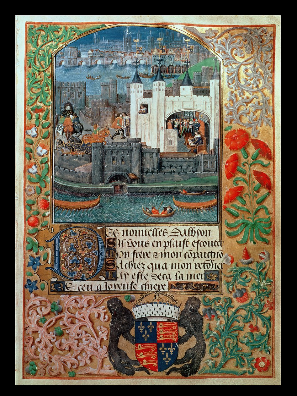 Royal Ms 16 F II, f.73: Tower of London i wysyłka, z Karolem, księciem Orleanu siedzącym w piśmie Tower, z Poems of Charles Duke of Orleans, c.1500 (welum) autorstwa English School