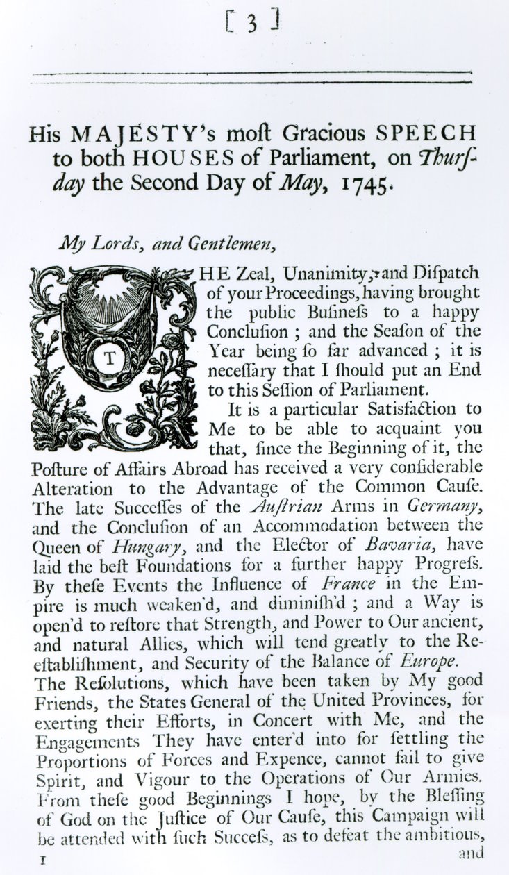 Królewskie przemówienie do obu izb parlamentu, 2 maja 1745 (druk) autorstwa English School