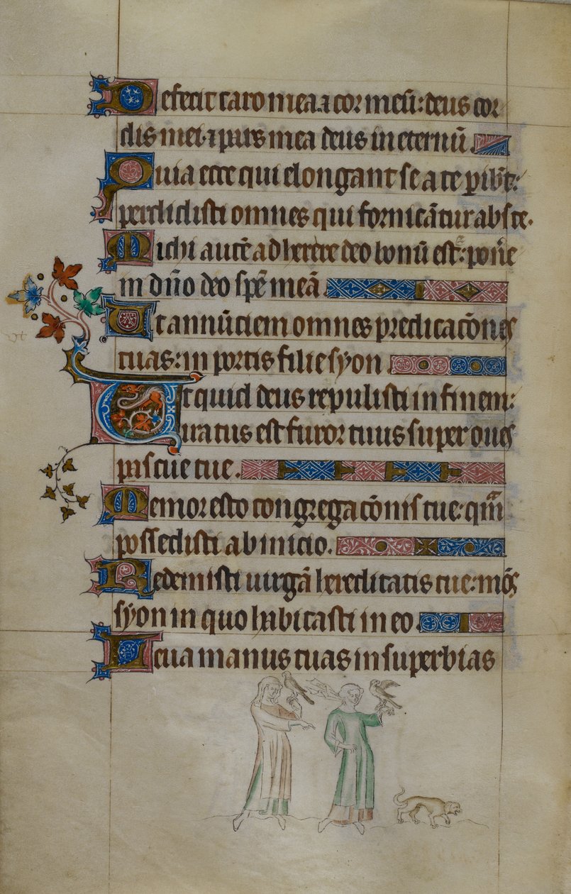 Royal ms 2_B VII f.177v Bas-de-page scena dwóch kobiet niosących jastrzębie i małego psa przed nimi, z zamieszkanym inicjałem, ilustracja z „Królowej Marii Psałterz” autorstwa English School