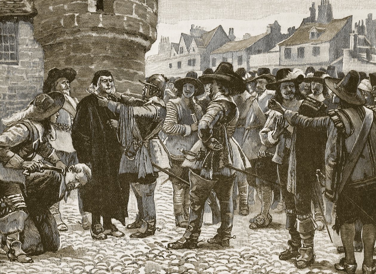 Rojaliści z Salisbury obrażają szeryfa, ilustracja z Cassells Illustrated History of England (zdjęcie w sepii) autorstwa English School