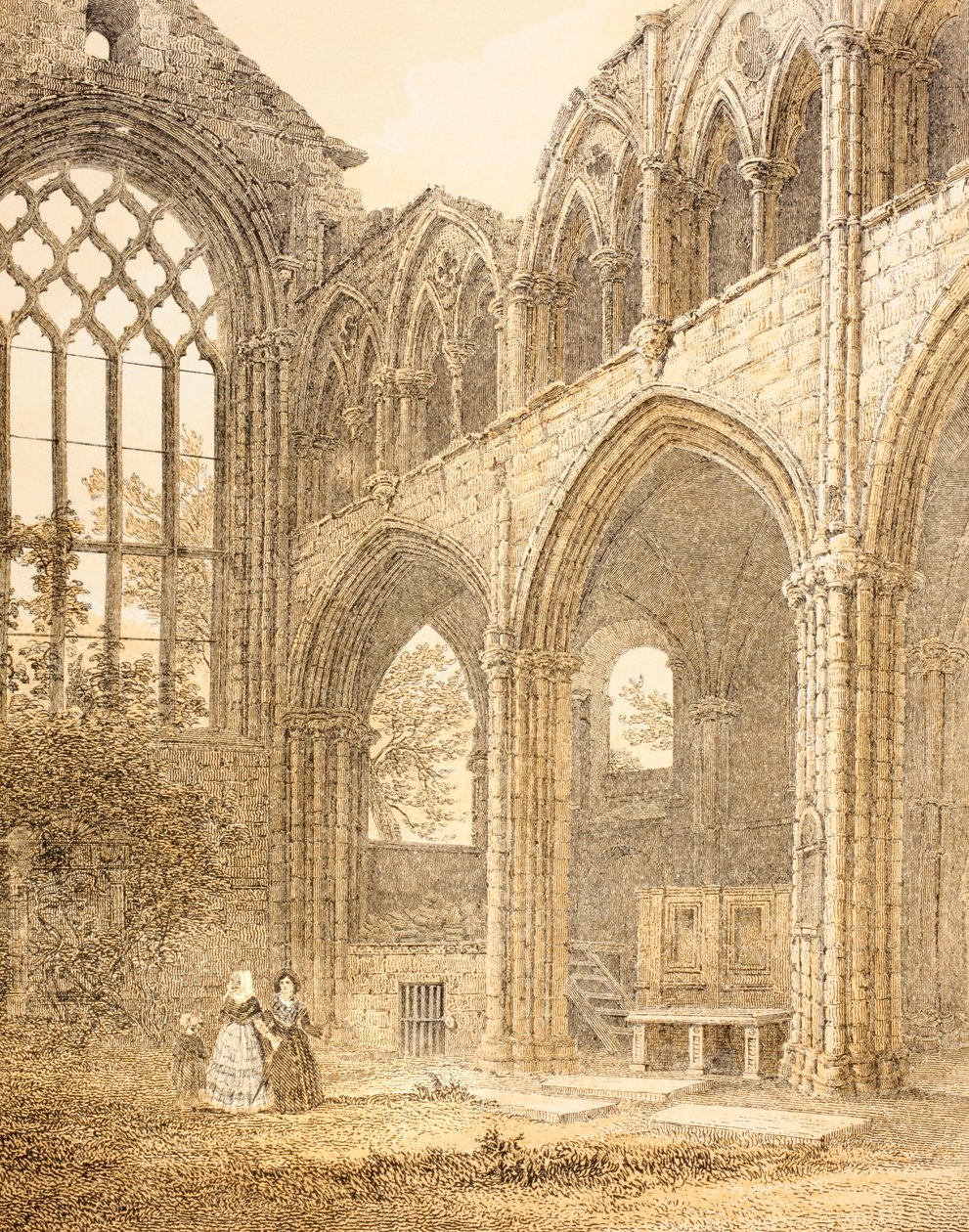 Ruiny opactwa Holyrood i wejście do krypty królewskiej, z The Scots Worthies Johna Howiego, drugie wydanie opublikowane w 1879 r. autorstwa English School