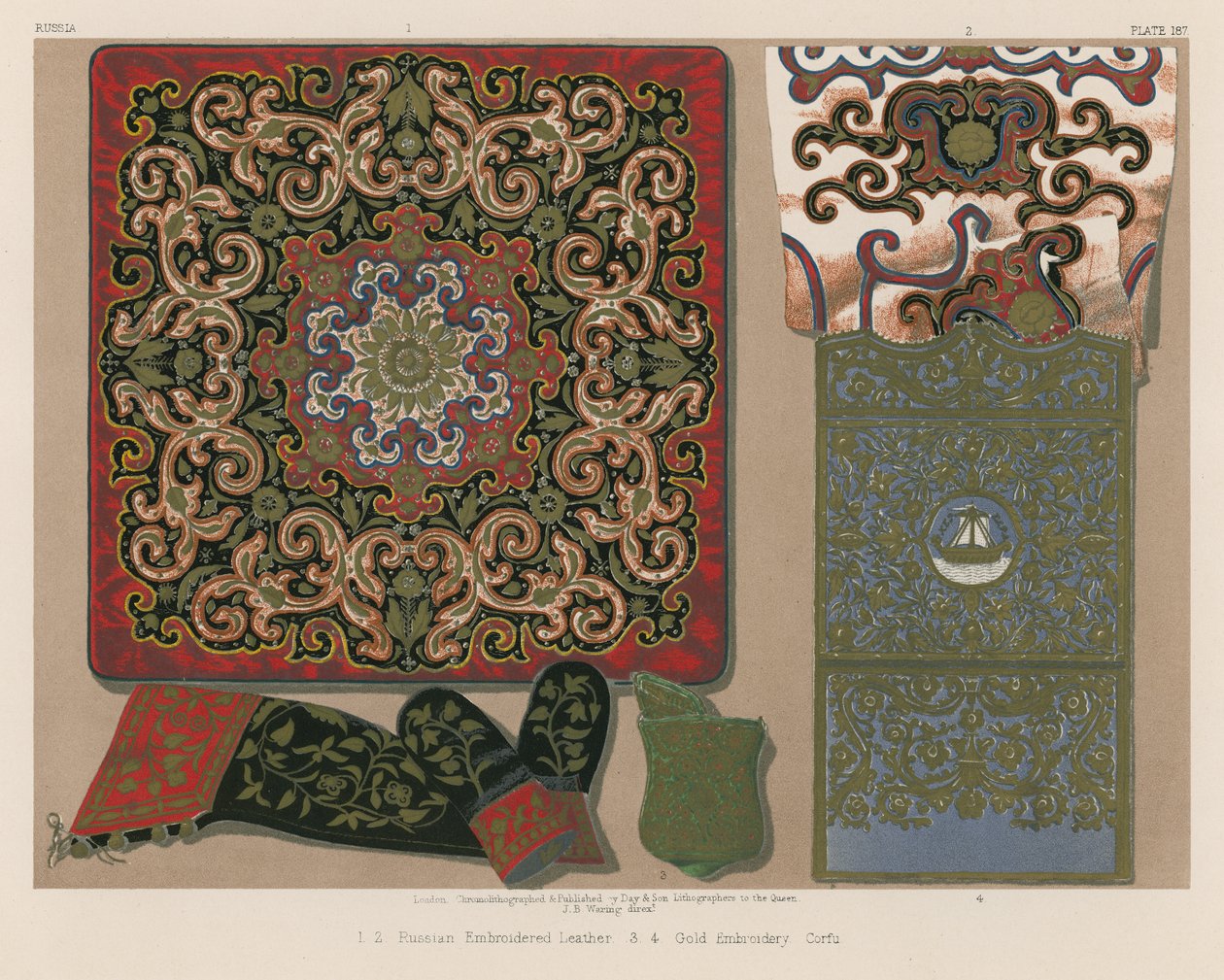 Rosyjska haftowana skóra, złoty haft, Korfu (chromolitho) autorstwa English School
