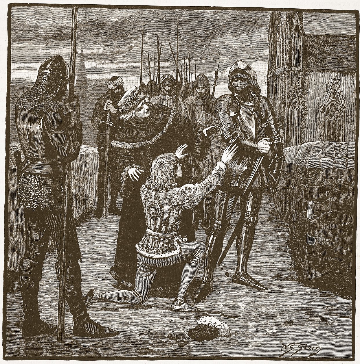 Rutland błagający Clifforda o darowanie mu życia, ilustracja z Cassells Illustrated History of England (zdjęcie w sepii) autorstwa English School