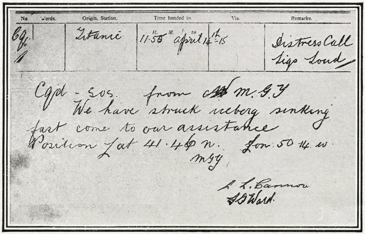 Wiadomość SOS odebrana przez rosyjski parowiec Birma około pięć minut po uderzeniu Titanica w górę lodową 15 kwietnia 1912 r. z „Sfery”, 4 maja 1912 r. autorstwa English School